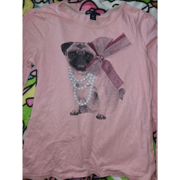 Gap Kids XL 12 Juniors Kids Girls Pink Longsleeve Pug Dog Pearl Necklace Lace - Picture 6 of 6